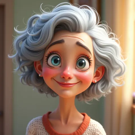 Generate a Disney-Pixar style portrait of a old woman with blue eyes, grey curly hair, oval face, small nose, full lips, small ears, and no wrinkles.
