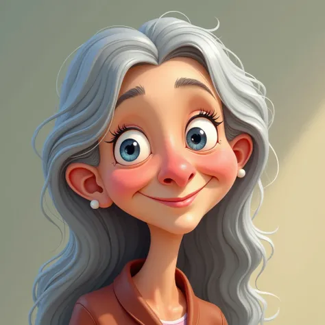 Generate a Disney-Pixar style portrait of a old woman with blue eyes, grey longer curly hair, oval face, big nose, thin lips, small ears, and no wrinkles.
