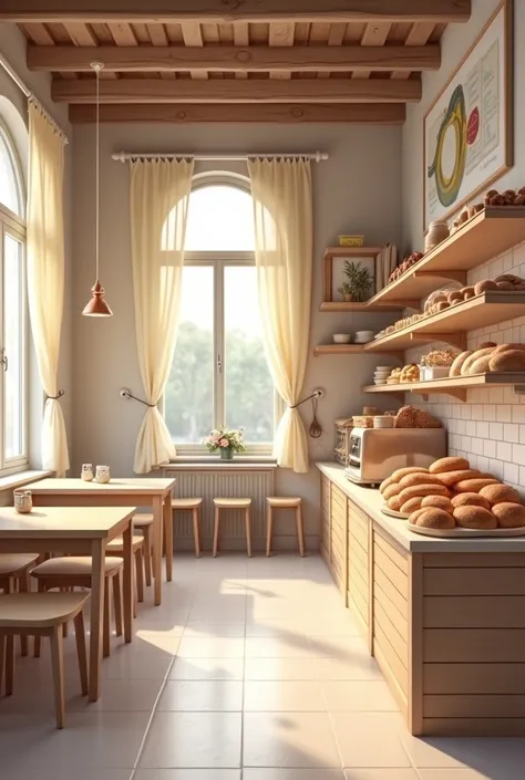 Make me a plan of a bakery, simple, where bread is displayed on simple shelves, There are 4 tables and basic decoration, a mirror to take pictures, cream curtains Now enlarge it, that the entire square premises is shown
