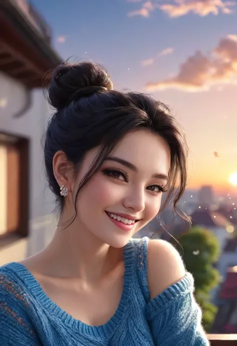 score_9,score_8_up,score_7_up, highly detailed , no trace of digital noice , 1girls ,30 years old , knitted blue sweater , big breast , sweet smile , black hair , messy bun , natural make up ,simple jewellery , balcony , sunset ,
