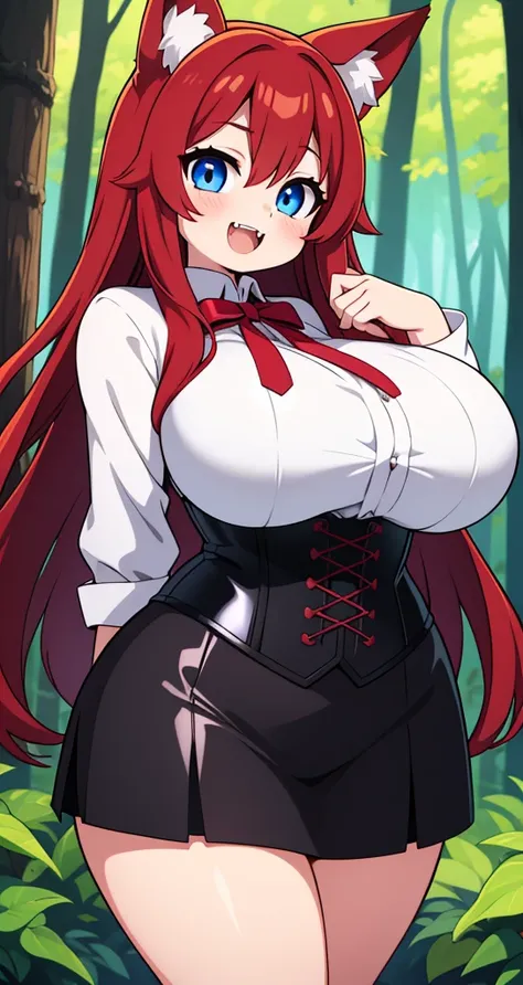 Voluptuous Foxgirl, Huge Breasts, wide hips, Long-ish Reddish Hair, beautiful Blue Eyes, Pretty Face, Fangs, cute smile, openmouth, outside, best quality, White Blouse, Leather Corset, Black Skirt, forest background, 