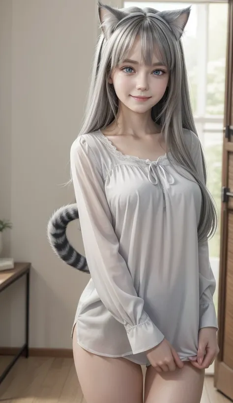 (), ((masterpiece)) , ((best quality)), Illustration, furry, Cat, animal ears, tail, corpo furry, 1 , throw, upper body, 1 , Alone, Long hair, Gray hair, *//*, blue eye, *//*, white blouse, looking at the viewer, smile