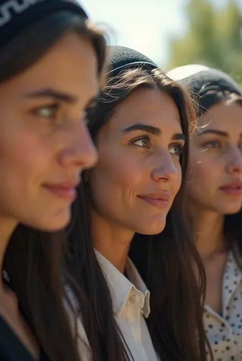 Realistic photo of a group of young Jewish people on a sunny day wearing Jewish clothing and Kippah with focus on the faces of the characters