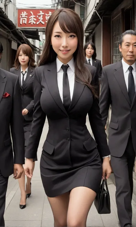 (Dangerous gangsters) Cute yuna (age 50, giga busty) is the mafia boss, (classy sexy power dress), smiling yet dangerous expression. She has several large dangerous gangsters in suits with her. They are walking into a nice restraunt like they own it. Show ...