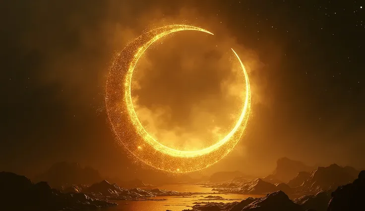 ultra realistic image of crescent moon with mystical golden portal behind, in shades of gold. TRANSMIT DEPTH