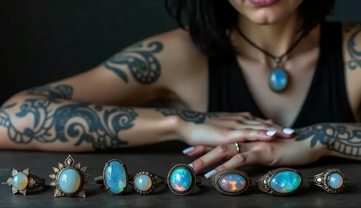 (photorealism:1.2), for a jewelry website a gothic alternative style black hair girl with tatooes wearing moonstones and fire opals jewelry as well as topaz such as necklaces and rings, showcasing jewelry on the banner side or on a table on her frontside