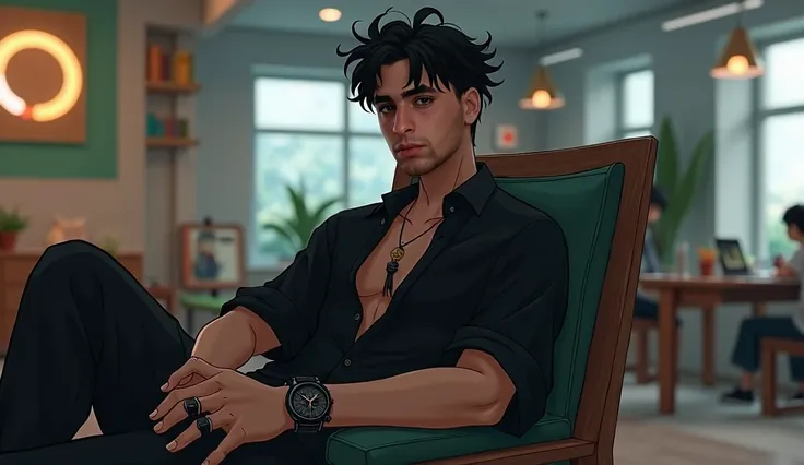 (Full view with legs) Full body shot of a serious human. young teenager, Academic student . He has hazel gray eyes, long black eyelashes and thick eyebrows.. He has short curly black hair.. He has an athletic, masculine physique., 165 cm tall. He usually w...