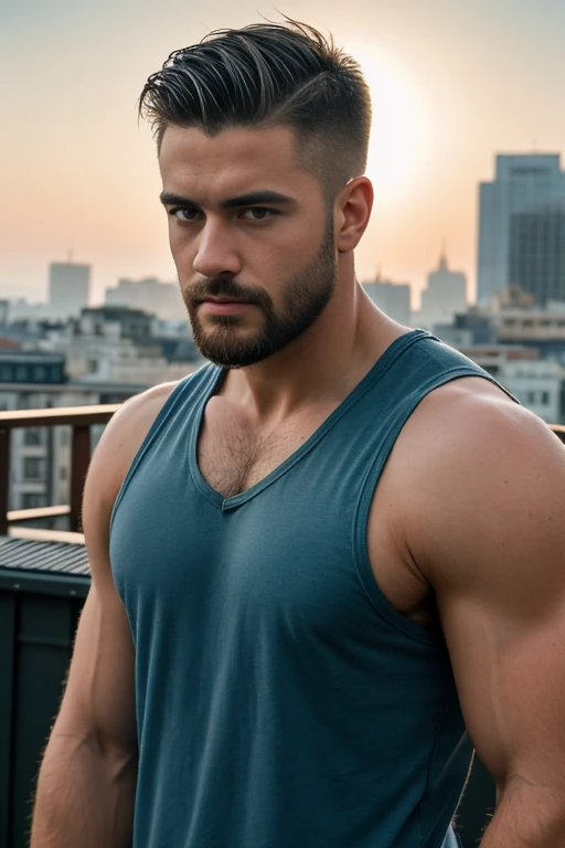 1man, 
a 30 y.o muscular male, small beard, gloomy eyes, blue eyes, undercut haircut, concentrated expression, wearing a tank to...