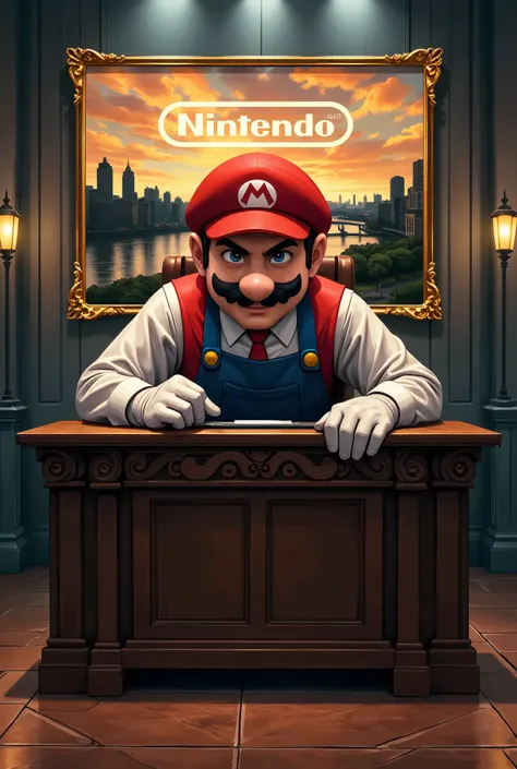 a pixelated, retro-style depiction of mario as a mafia boss, seated behind an ornate, oversized desk in a 16-bit video game worl...