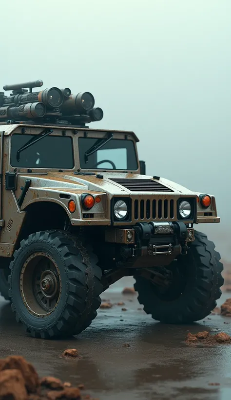 a highly detailed and realistic futuristic armored hummer, 8k, hyperrealistic, intricate, photorealistic, masterpiece, ultra detailed, cinematic lighting, volumetric fog, complex machinery, gritty weathered metal surface, advanced technology, sleek modern ...