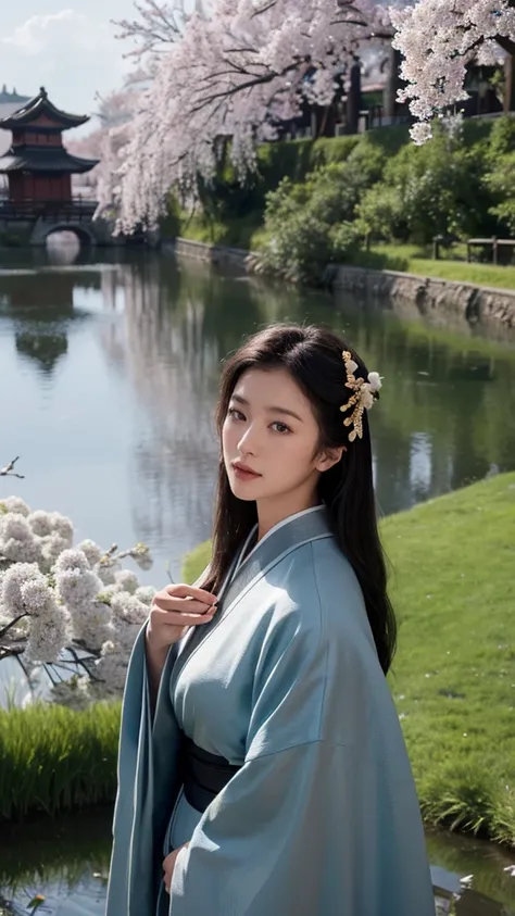 High resolution、masterpiece、Textured Skin、High image quality、超High resolution、Very detailed、woman、Center parted hair、Large Breasts、sexy、Samurai in black kimono、The background is a castle town under the willow trees at night、If you look at this、solo, Look a...