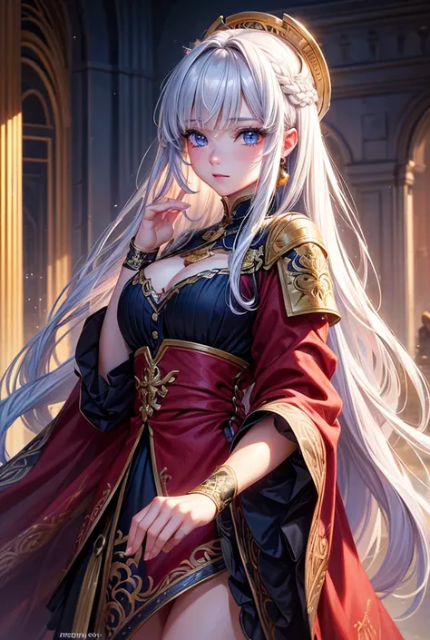 a beautiful girl with long lilas  hair, blu eyes, wearing a red pirate outfit, large and prominent breasts, detailed intricate face, long braided hair, photorealistic, high quality, 8k, masterpiece, (best quality,4k,8k,highres,masterpiece:1.2),ultra-detail...