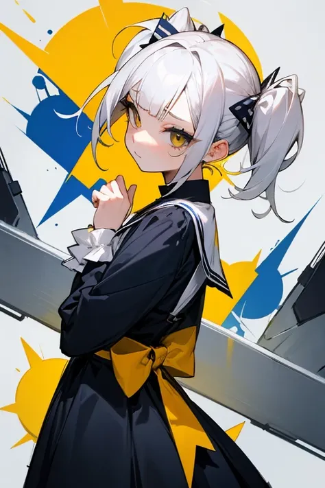 Short white hair, , Yellow and navy dress、Punk Fashion、Headbang 2.、Twin tails、sharp、