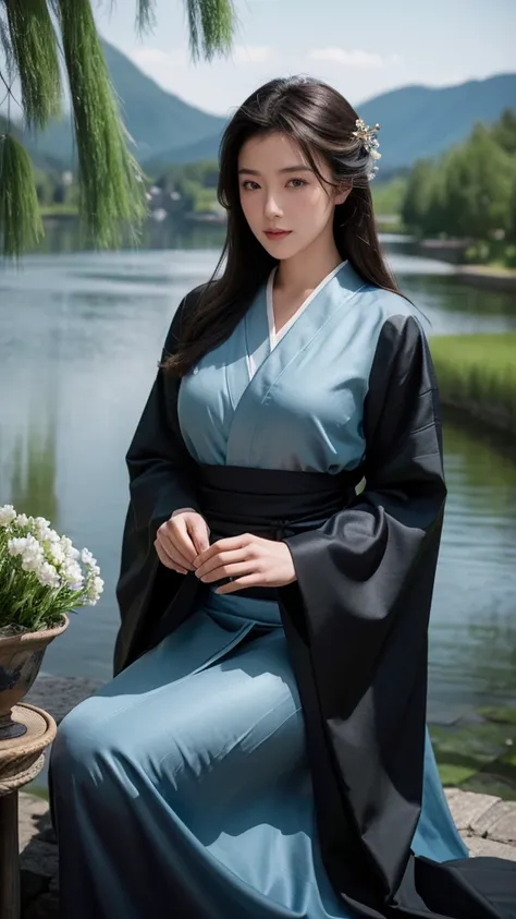 High resolution、masterpiece、Textured Skin、High image quality、超High resolution、Very detailed、woman、Center parted hair、Large Breasts、sexy、Female swordsman in black kimono、The background is a castle town under the willow trees at night、If you look at this、sol...