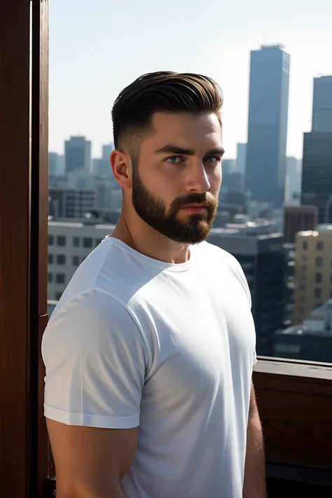 1man, 
a 30 y.o muscular male, small beard, gloomy eyes, blue eyes, undercut haircut, concentrated expression, wearing a shirt, ...