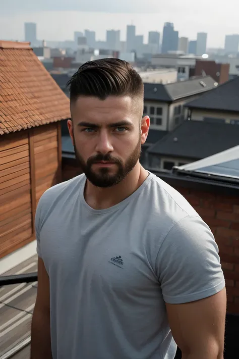 1man, 
a 30 y.o muscular male, small beard, gloomy eyes, blue eyes, undercut haircut, concentrated expression, wearing a shirt, in a roof top,
soft lighting, 
masterpiece, best quality, 8k uhd, dslr, film grain, Fujifilm XT3 photorealistic painting art by ...