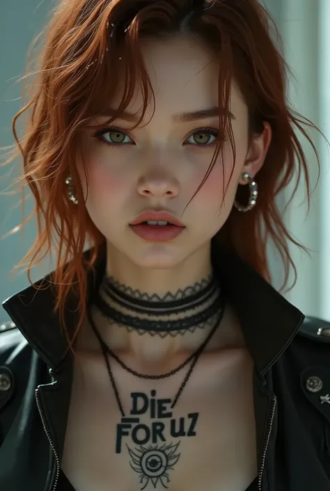 (tattoo is written "Die for U")、a close up of a person wearing a necklace and a jacket, beautiful asian female neuromancer, bronze hair、aeon flux style, molly from neuromancer, iu lee ji-eun as a super villain, molly from the novel neuromancer, attractive ...