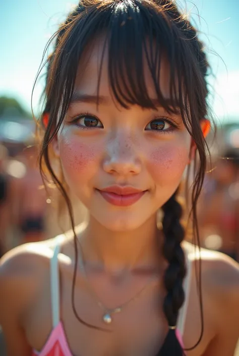 a beautiful idol of about junior high school age who has just finished an outdoor live concert　young girl　grab a fisheye lens an...