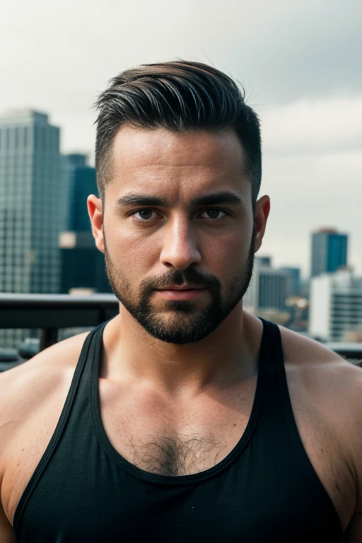 1man, 
a 30 y.o muscular male, small beard, gloomy eyes, blue eyes, undercut haircut, concentrated expression, wearing a tank top, in a roof top
soft lighting, 
masterpiece, best quality, 8k uhd, dslr, film grain, Fujifilm XT3 photorealistic painting art b...