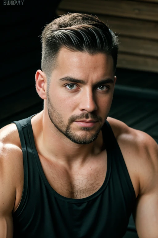 1man, 
a 30 y.o muscular male, small beard, gloomy eyes, blue eyes, undercut haircut, concentrated expression, wearing a tank to...