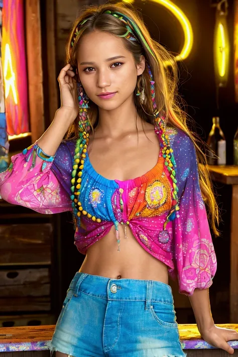 Foto hiperrealista en primer plano de Alicia Vikander, masterpiece, best quality, (photorealistic:1.4), full body,  (colorful hippies blouse:1.2), (colorful hippies pants:1.2), darkness in the bar, neons, cinematic light, beautiful woman, skinny, medium  b...