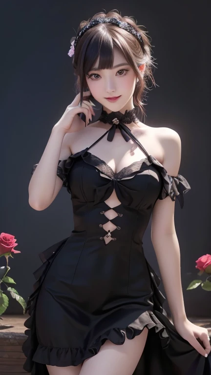 1 Nagasaka girl, Very cute, , , (Gothic Fashion), Exquisitely drawn beautiful faces, eyes and skin, Detailed black shiny hair, (Small breasts), (Clevis), (Open chest), Elegant frills, Ruffled tie, Ribbon tie, (Smiling at the camera), (Cowboy Shot), (Europe...