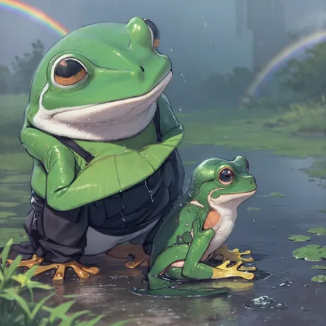 Realistic frog image、after the rain、Water Drop、rainbow、Grasping the grass、Watching the audience、