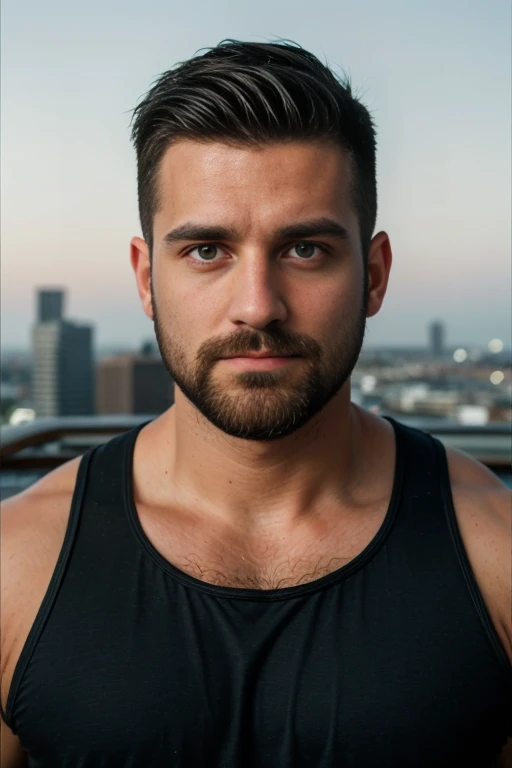 1man, 
a 30 y.o muscular male, small beard, gloomy eyes, blue eyes, undercut haircut, concentrated expression, wearing a tank to...