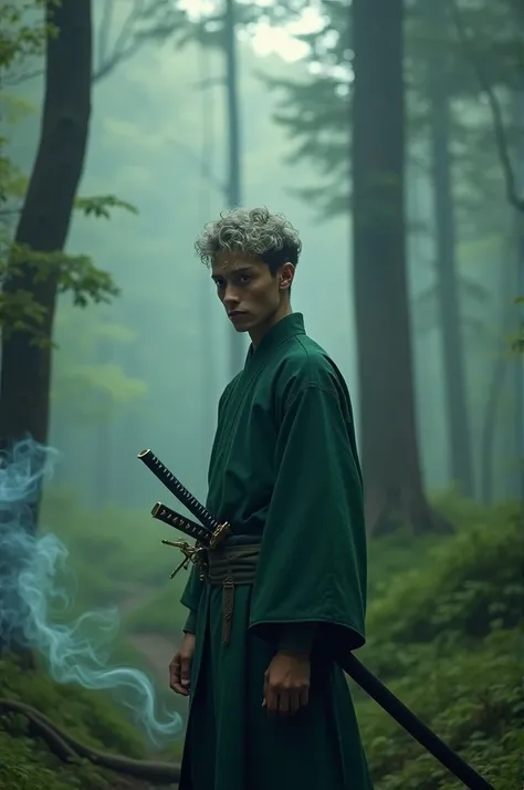 A man wearing a samurai kimono, the kimono is dark green, the sword&#39;s sheath is silver, the man has silver colored curly hair, is a young man of 27 years old, has a thin appearance, with a scar on his left eye, he is in a forest, in the most distant pa...