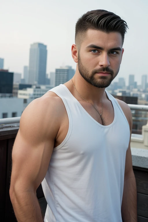 1man, 
a 30 y.o muscular male, small beard, gloomy eyes, blue eyes, undercut haircut, concentrated expression, wearing a tank top, in a roof top
soft lighting, 
masterpiece, best quality, 8k uhd, dslr, film grain, Fujifilm XT3 photorealistic painting art b...