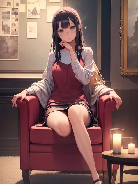 Create a stunning 3D hyper-realistic image of a beautiful girl sitting in a cozy chair。, Softly lit room, Read a book avidly. The scene is warm, Attractive colors, Comes with fairy lights to gently illuminate the background. She has been a long time, Flowi...