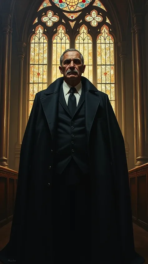 A hyperrealistic oil painting of the Mafia Bosss commanding presence and enigmatic nature, featuring intricate stained glass windows, a Neo-Gothic revival cathedral setting, and chiaroscuro lighting that casts an awe-inspiring, mysterious mood.