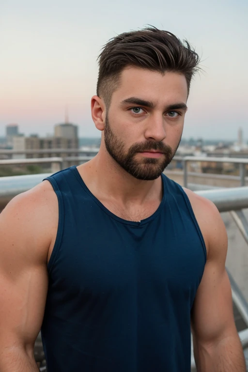 1man, 
a 30 y.o muscular male, small beard, gloomy eyes, blue eyes, undercut haircut, concentrated expression, wearing a tank top, in a roof top
soft lighting, 
masterpiece, best quality, 8k uhd, dslr, film grain, Fujifilm XT3 photorealistic painting art b...