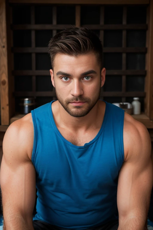 1man, 
a 30 y.o muscular male, small beard, gloomy eyes, blue eyes, undercut haircut, concentrated expression, wearing a tank top, in a roof top
soft lighting, 
masterpiece, best quality, 8k uhd, dslr, film grain, Fujifilm XT3 photorealistic painting art b...