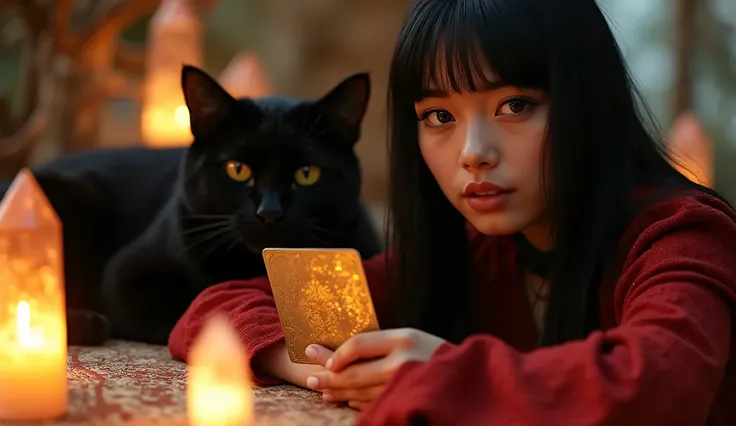 Beautiful gypsy woman, straight black hair, red clothes, scenery and gold, glowing close-up holding a golden card on a tarot card table with illuminated crystals and a black cat.