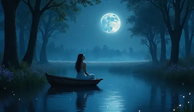 In the dark moonlit night sky、A beautiful girl was looking at the stars。. It is a tall tree々It was a dark forest with a flower field.. She was on a boat on the lake. The glowing insects were shining beautifully.