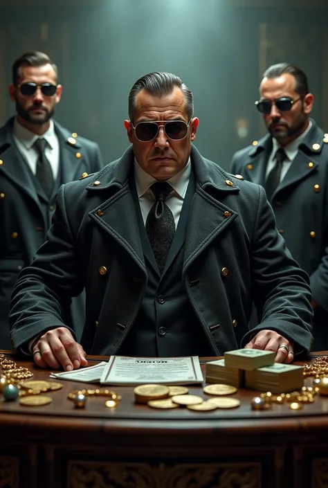 a fat  as mafia boss in black trench with dark sunglasses, accompany by a bunch of bodyguards, behind desk full of money and jew...