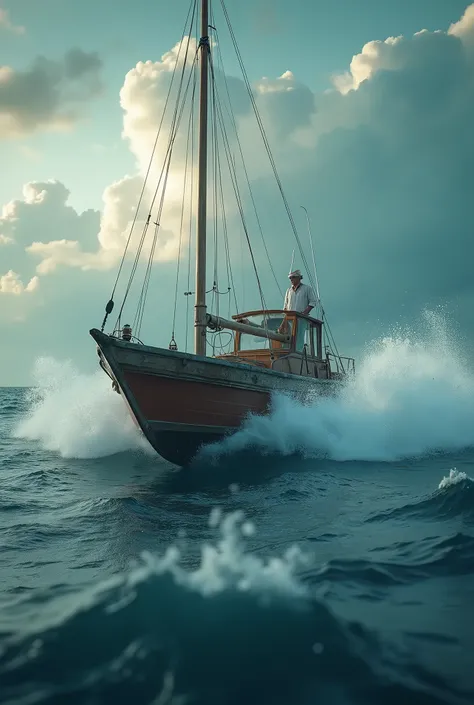 distant view, landscape image, caribbean in small wind boat, epic scene, up camera, cinematic blue sky, dramatic lighting, dramatic clouds, dramatic waves, dramatic wind, detailed portrait, extremely detailed face, high quality, 8k, photorealistic, masterp...