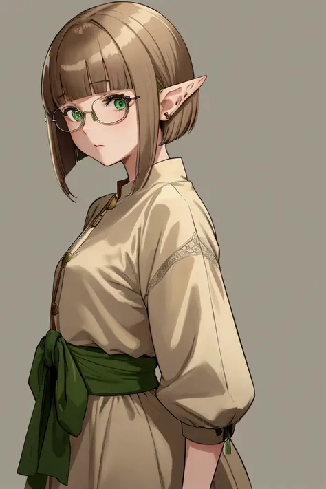 Anime-style girl. Blunt bangs and short hair in the back, a girl with light brown hair and green eyes, wearing small silver glasses. Elven ears,