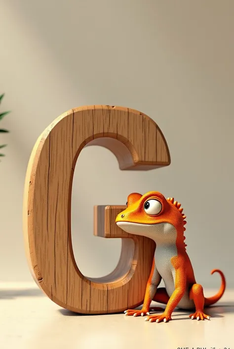 letter G made of wood next to a gecko 