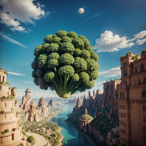 "A surreal scene of a massive floating city made entirely of giant vegetables, like broccoli towers, carrot skyscrapers, and lettuce streets, floating above a desert landscape. In the sky, oversized fish are swimming gracefully as if they were birds. Below...