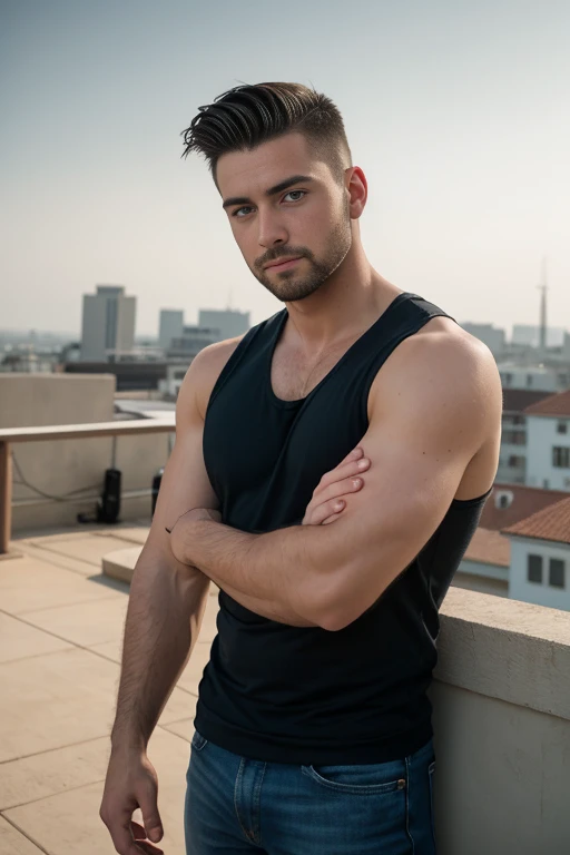 1man, 
a 30 y.o muscular male, small beard, gloomy eyes, blue eyes, undercut haircut, concentrated expression, wearing a tank top, in a roof top
soft lighting, 
masterpiece, best quality, 8k uhd, dslr, film grain, Fujifilm XT3 photorealistic painting art b...