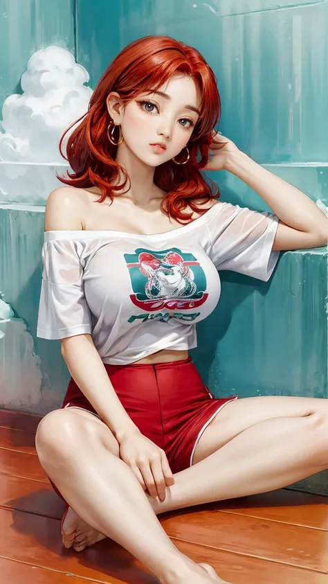 (best quality, masterpiece:1.2), red hair, perfect body, thin waist, big breasts, off-the-shoulder printed t-shirt, white yoga shorts, beco, vibrant