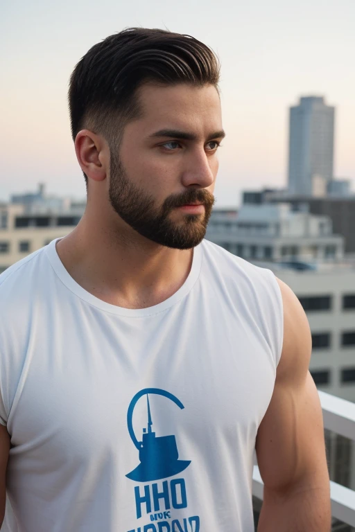 1man, 
a 30 y.o muscular male, small beard, gloomy eyes, blue eyes, undercut haircut, concentrated expression, wearing a shirt, ...