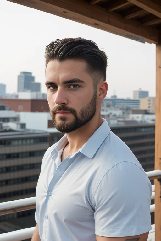 1man, 
a 30 y.o muscular male, small beard, gloomy eyes, blue eyes, undercut haircut, concentrated expression, wearing a shirt, ...