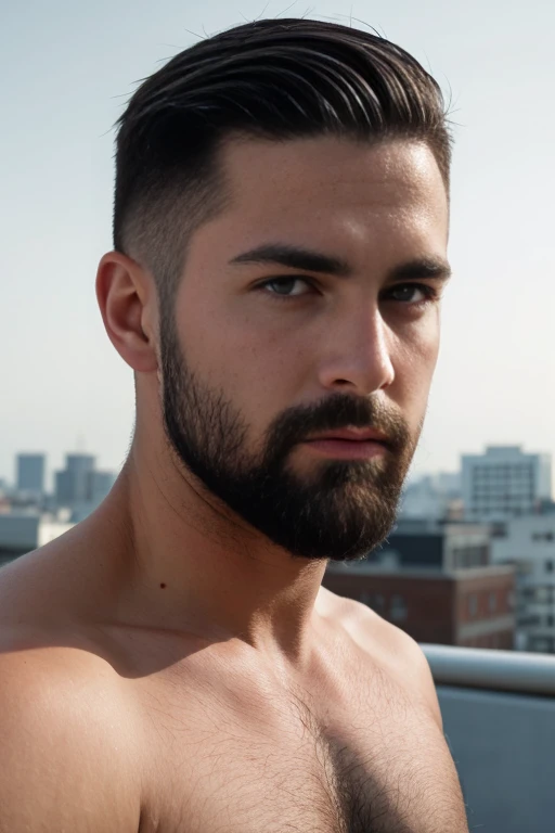 1man, 
a 30 y.o muscular male, small beard, gloomy eyes, blue eyes, undercut haircut, concentrated expression, wearing a shirt, ...