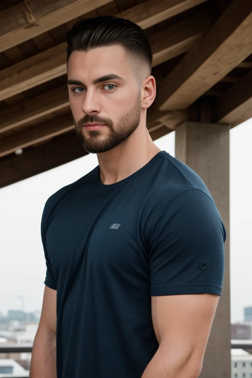 1man, 
a 30 y.o muscular male, small beard, gloomy eyes, blue eyes, undercut haircut, concentrated expression, wearing a shirt, ...