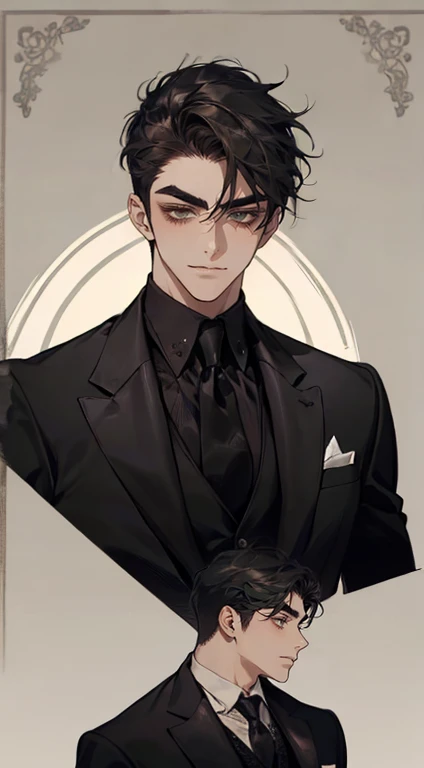 ((a young man in a black suit and tie)), taken in the early 2020s, gotham, alejandro, he looks very sophisticated, (((left side swept black short hair))), (dark green eyes and thick eyebrows), smirk. ((20 years old)), ((Black suite and black tie)), masterp...