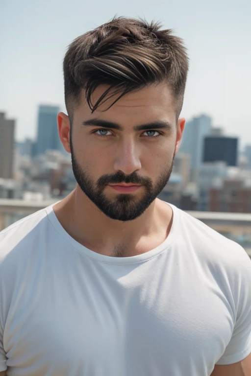 1man, 
a 30 y.o muscular male, small beard, gloomy eyes, blue eyes, undercut haircut, concentrated expression, wearing a shirt, ...