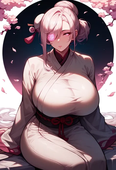 sitting, mixed_artwork style, (detailed eyes), (Mature woman), beautiful woman, huge breasts, white long hair, large bangs, bangs over eye, hair bun, (black martial clothes, black), pink eyes, lovely face, mole under eye, huge body